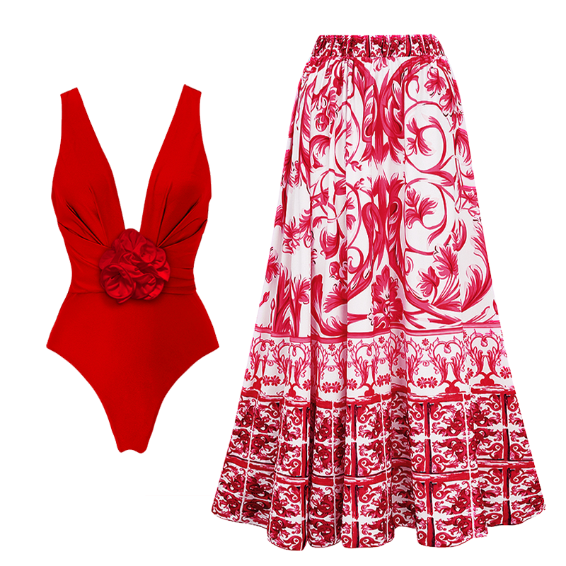 Red one-piece swimsuit and skirt with detachable 3D flower
