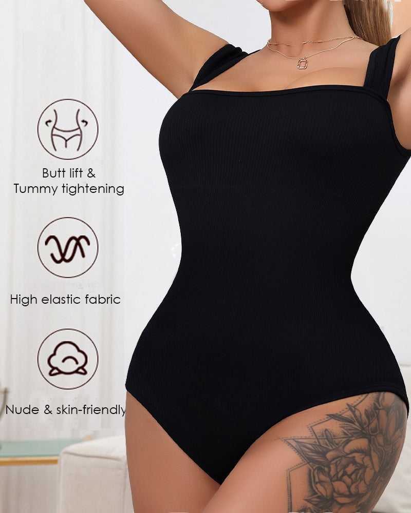 Body de tirantes finos con escote cuadrado, sin mangas, de punto acanalado y sin costuras para controlar el abdomen
