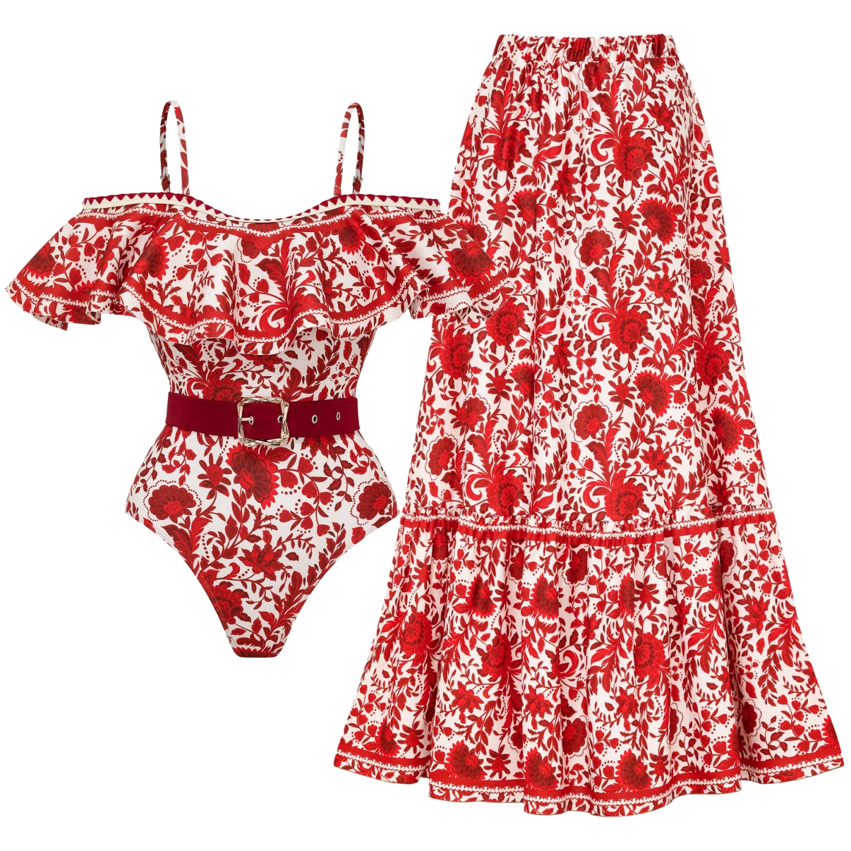 Red flower silhouette print one-piece swimsuit with ruffles and skirt