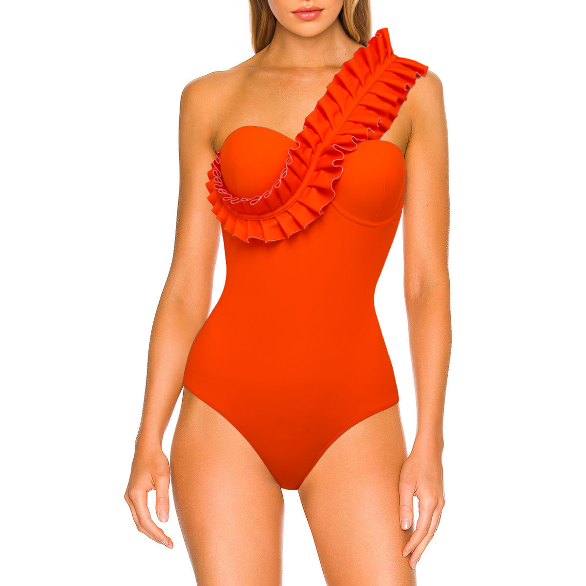An orange one-sleeve ruffled swimsuit with a sarong
