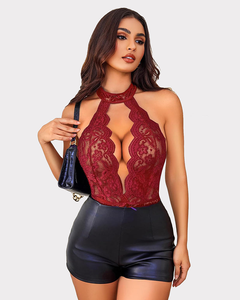 Halter V-neck lace bodysuit