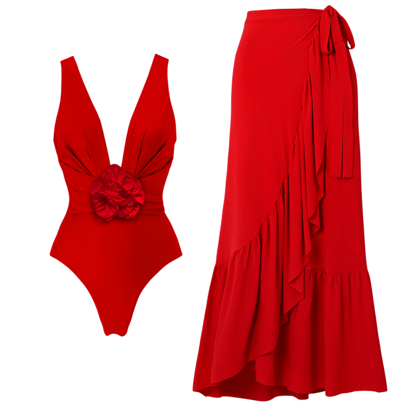 Red one-piece swimsuit and skirt with detachable 3D flower