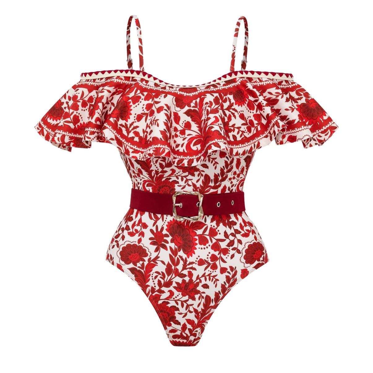 Red flower silhouette print one-piece swimsuit with ruffles and skirt