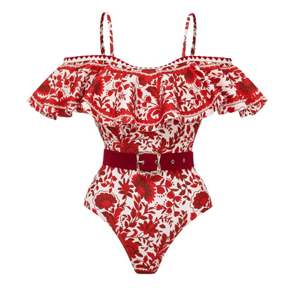 Bañador de una pieza con estampado de silueta de flor roja con volantes y falda