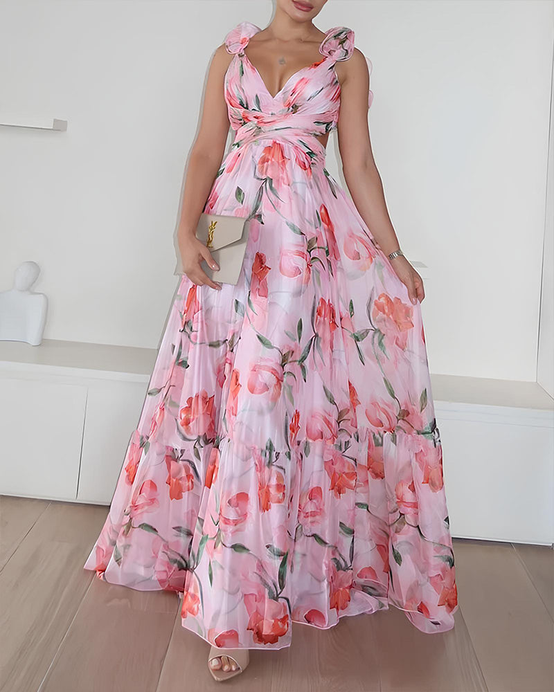 Holiday beach dress with ruffled straps at the back and V-neckline