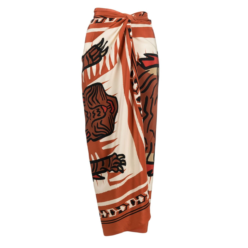 A crinkled one-sleeve swimsuit in sheer rust and a sarong