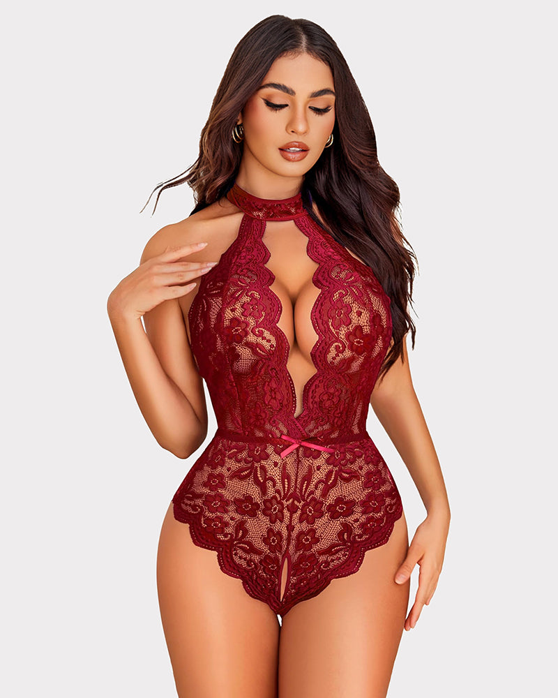 Halter V-neck lace bodysuit