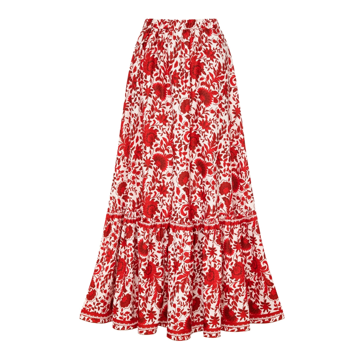 Red flower silhouette print one-piece swimsuit with ruffles and skirt