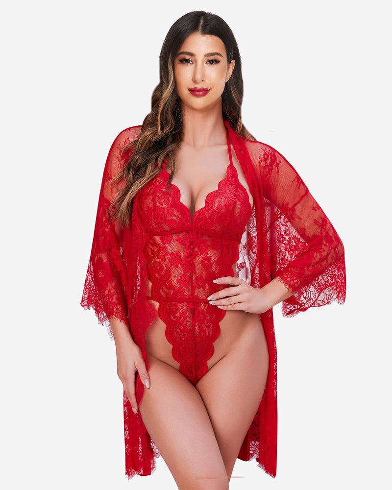 2-piece set: Lace robe with teddy