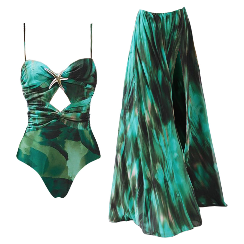 One-piece swimsuit with green printed pleats and skirt
