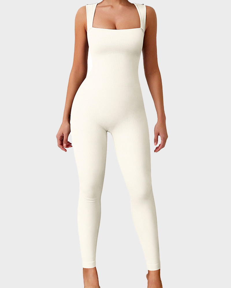 Sleeveless ribbed square neck workout jumpsuit