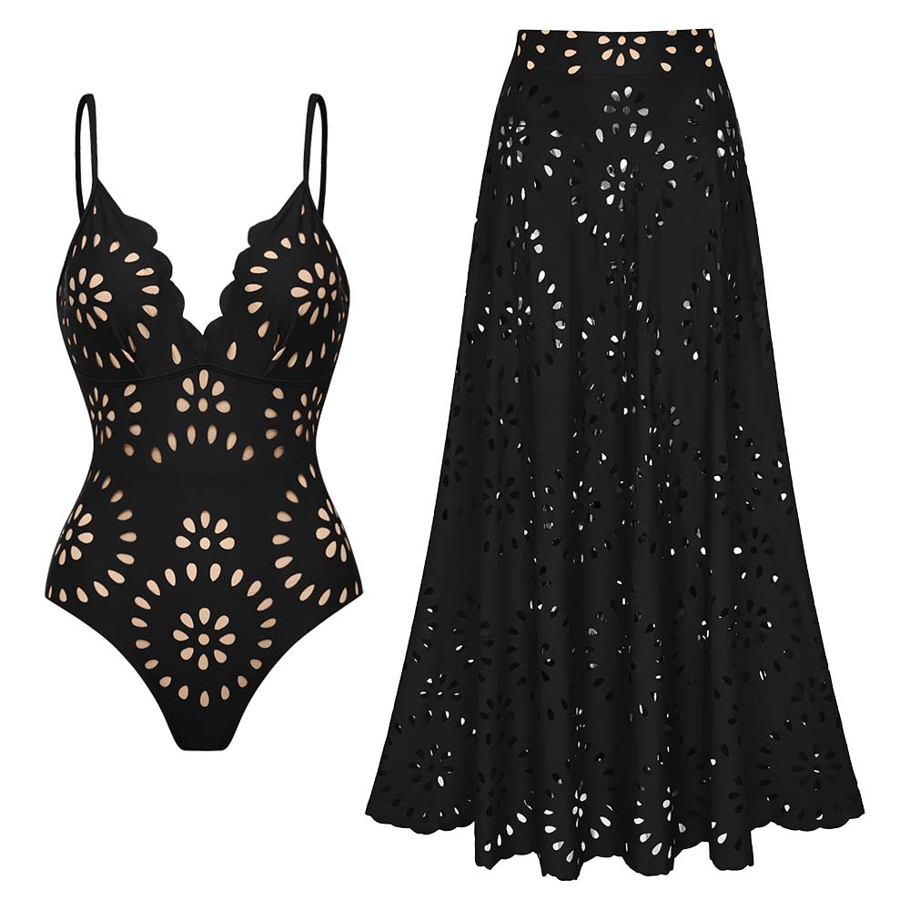 Black flower laser cut one-piece swimsuit and skirt
