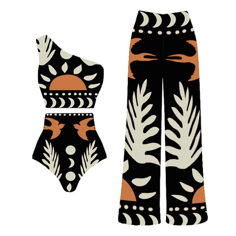 High-waisted one-sleeve swimsuit and pants or skirt