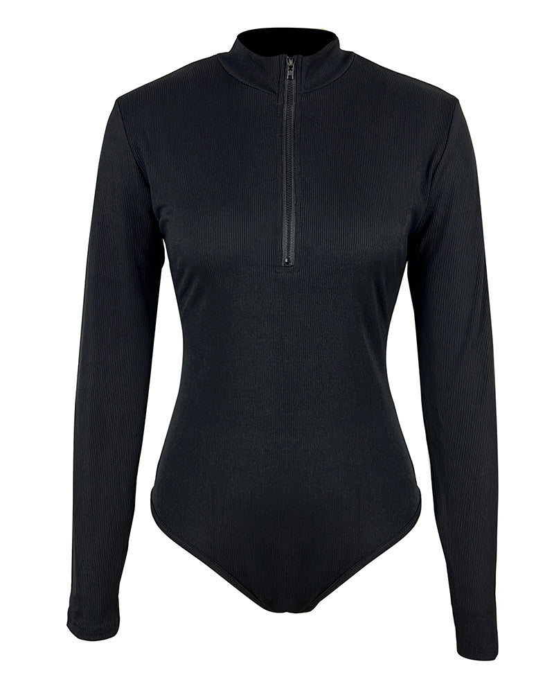 Front zipper butt lifter, sexy long sleeve ribbed tights