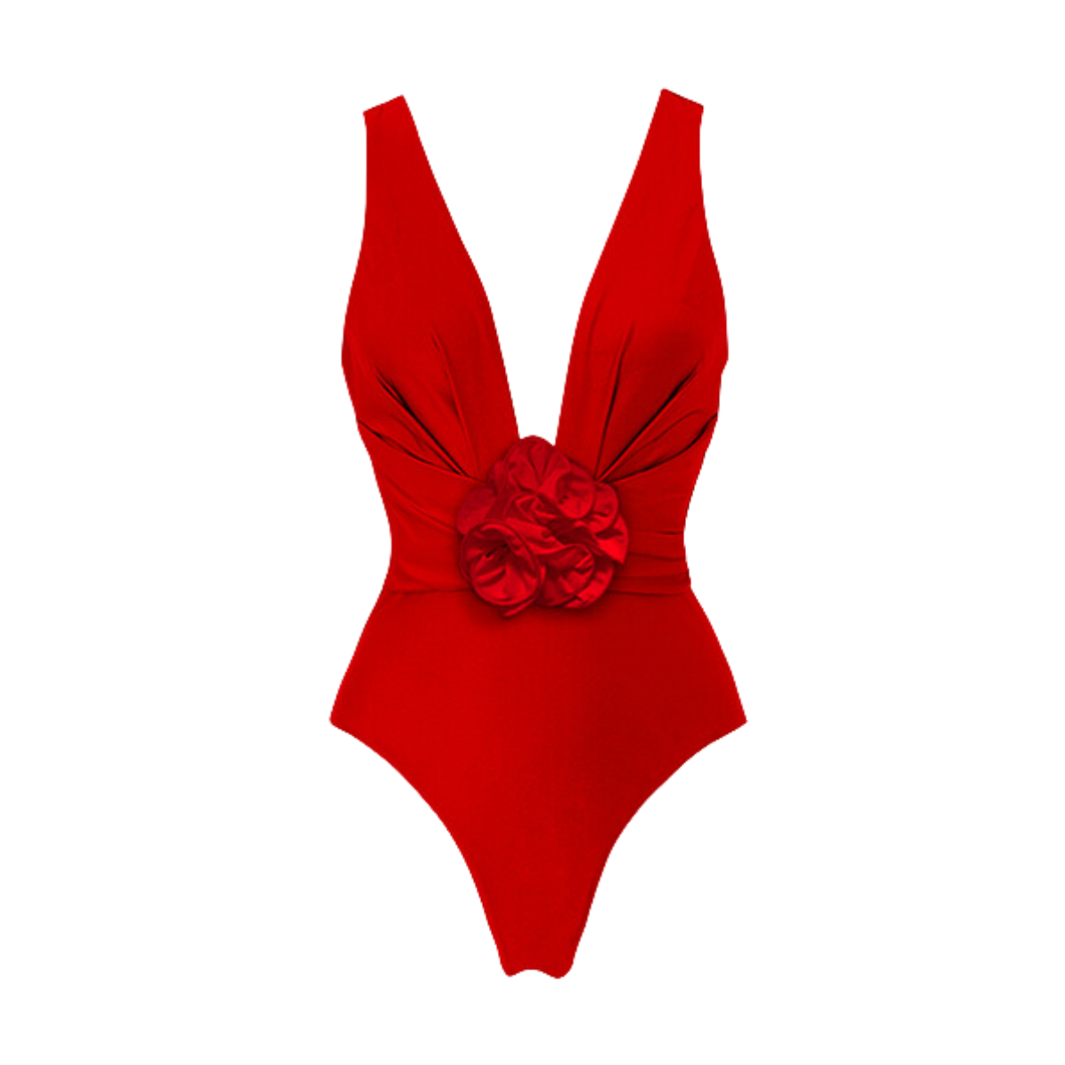 Red one-piece swimsuit and skirt with detachable 3D flower