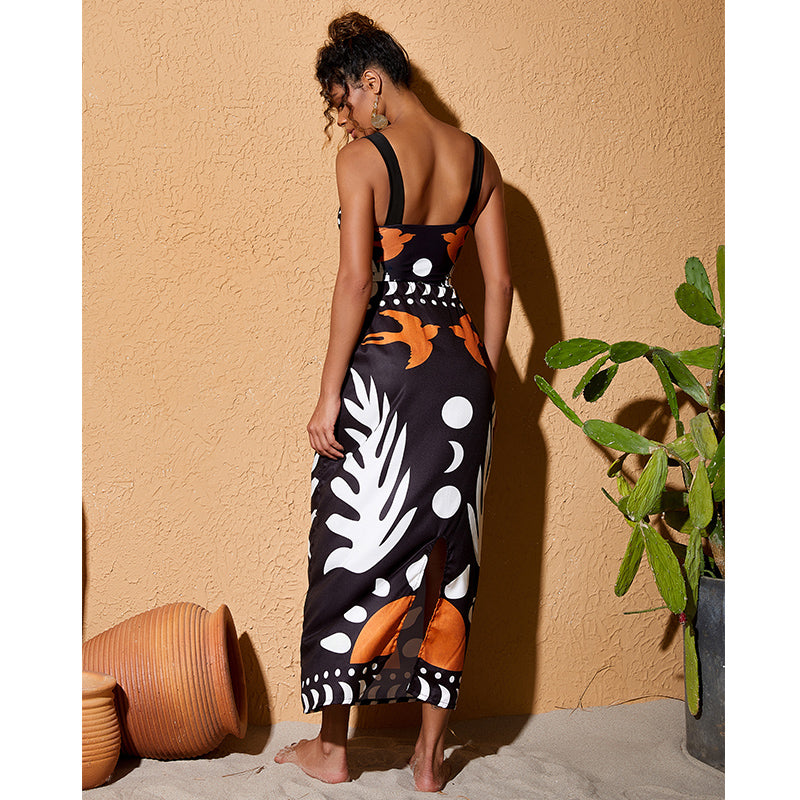 High-waisted one-sleeve swimsuit and pants or skirt