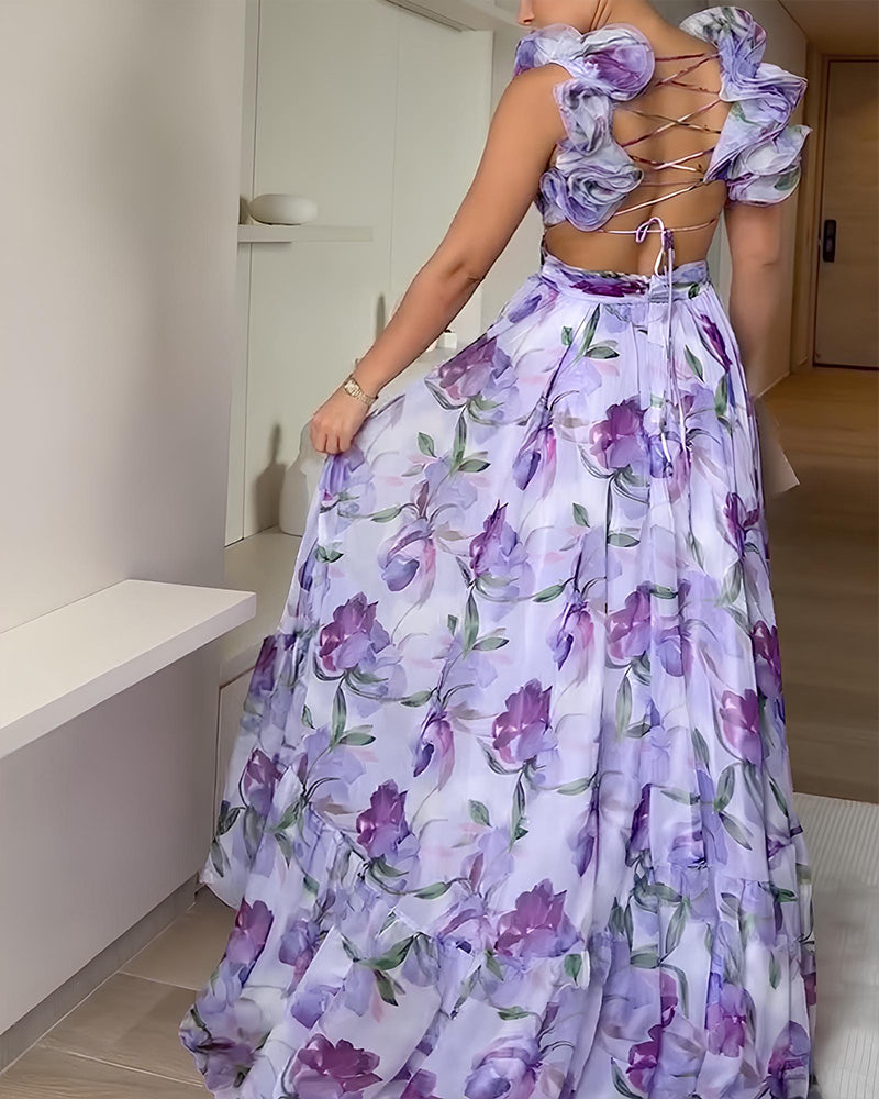Vestido de playa de vacaciones con tirantes de volantes en la espalda y escote en V