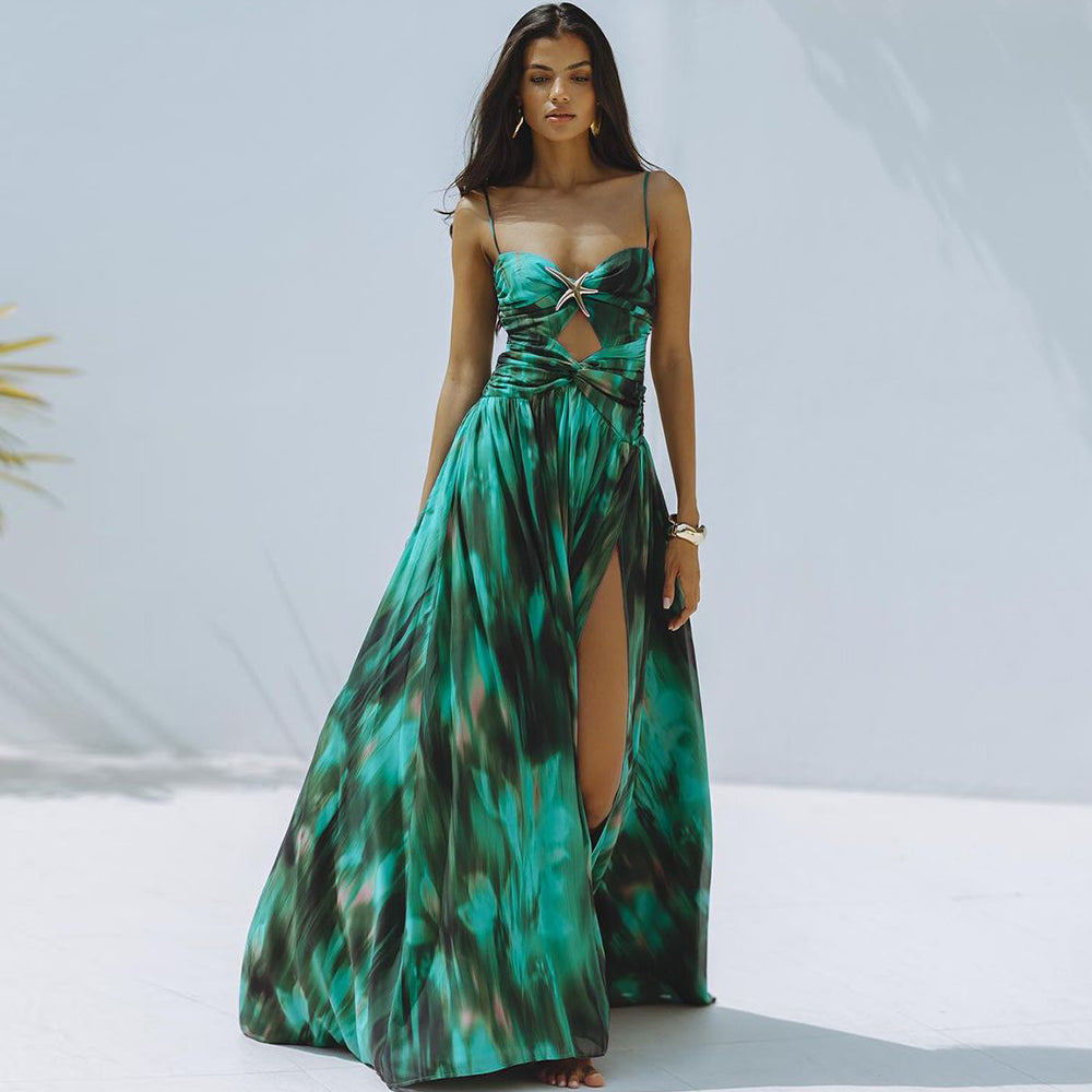 One-piece swimsuit with green printed pleats and skirt