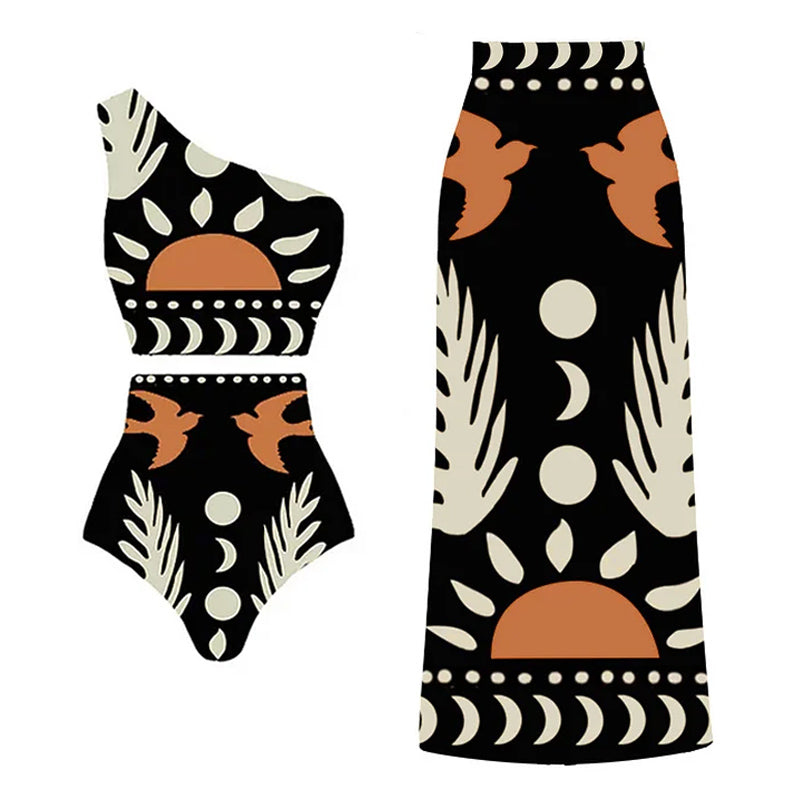 High-waisted one-sleeve swimsuit and pants or skirt