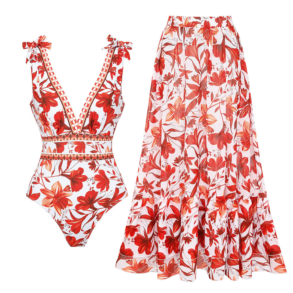 Traje de baño de una pieza con escote en V, cordones y falda estampada