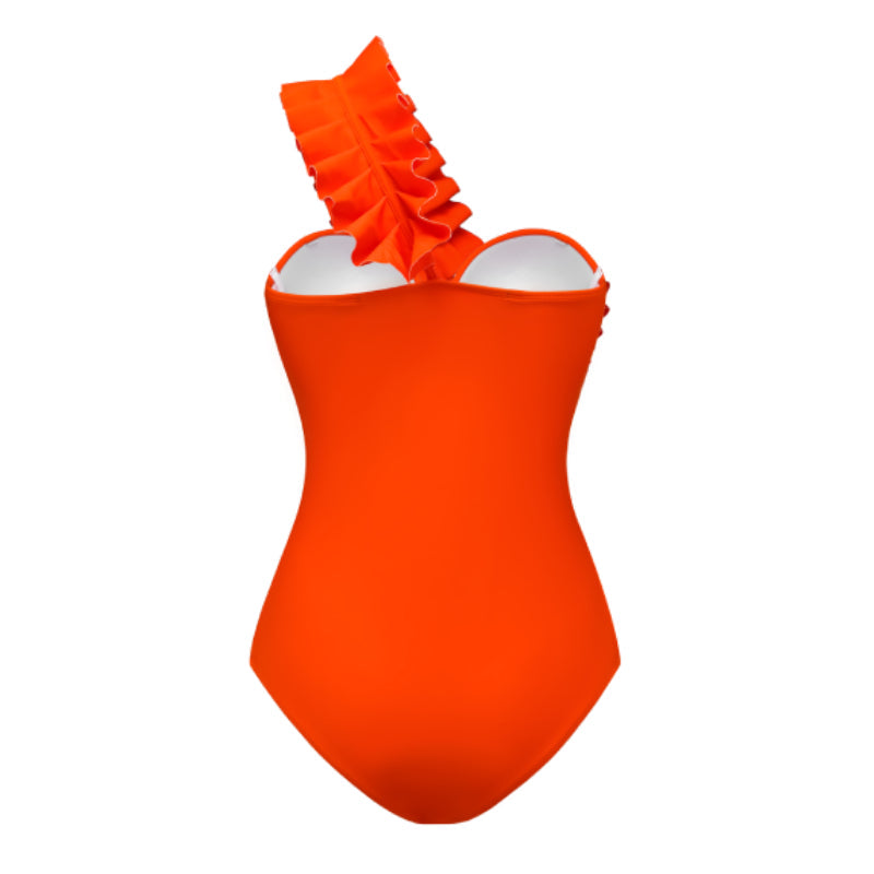 An orange one-sleeve ruffled swimsuit with a sarong