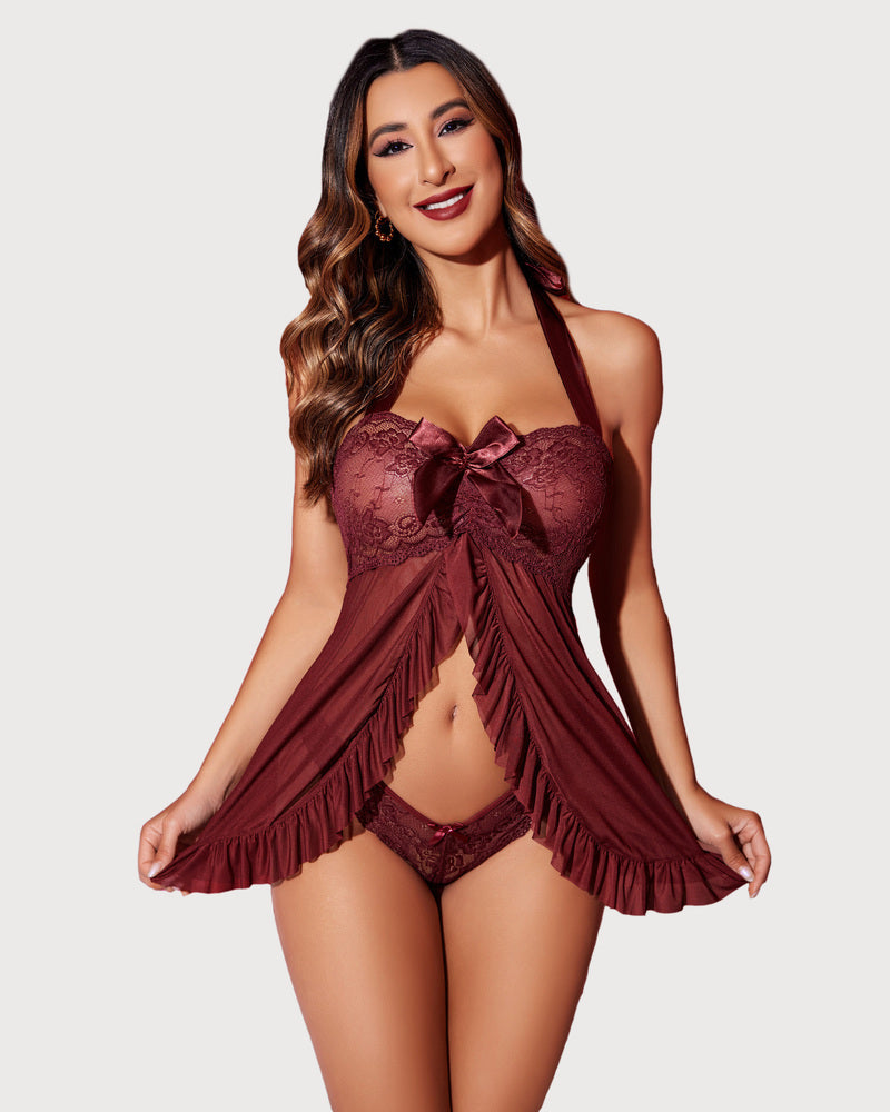 Babydoll de encaje con abertura frontal y cuello halter