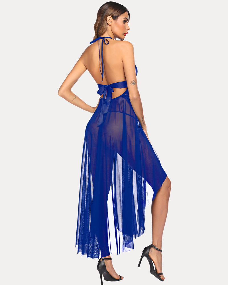 Lace mesh dress with deep V-neckline