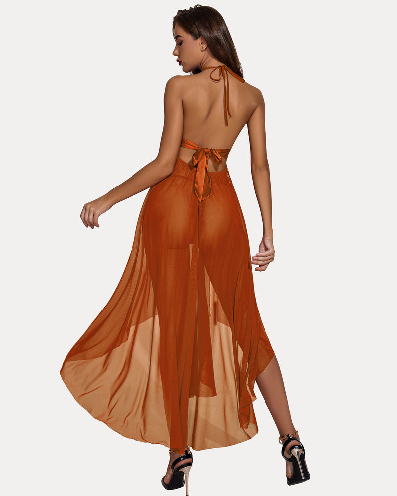 Vestido de malla de encaje con escote en V profundo