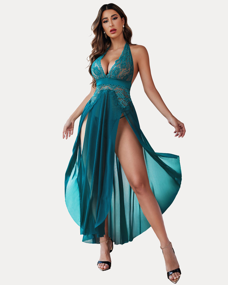 Vestido de malla de encaje con escote en V profundo