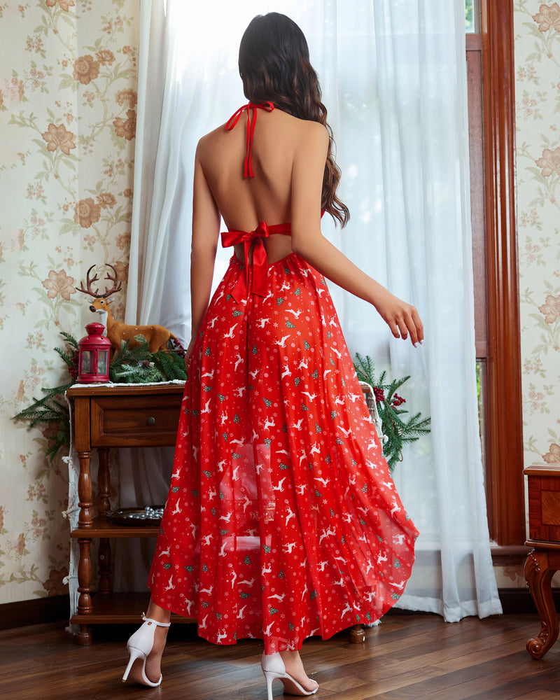 Lace mesh dress with deep V-neckline