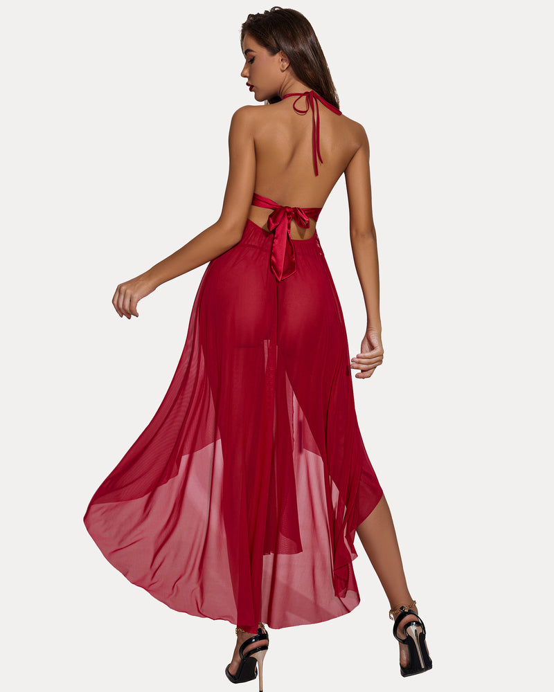 Lace mesh dress with deep V-neckline