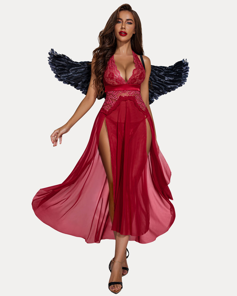 Vestido de malla de encaje con escote en V profundo