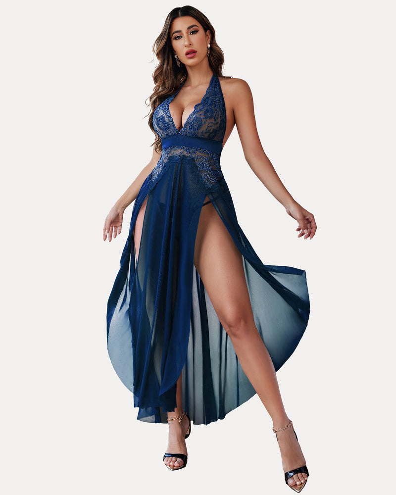 Lace mesh dress with deep V-neckline