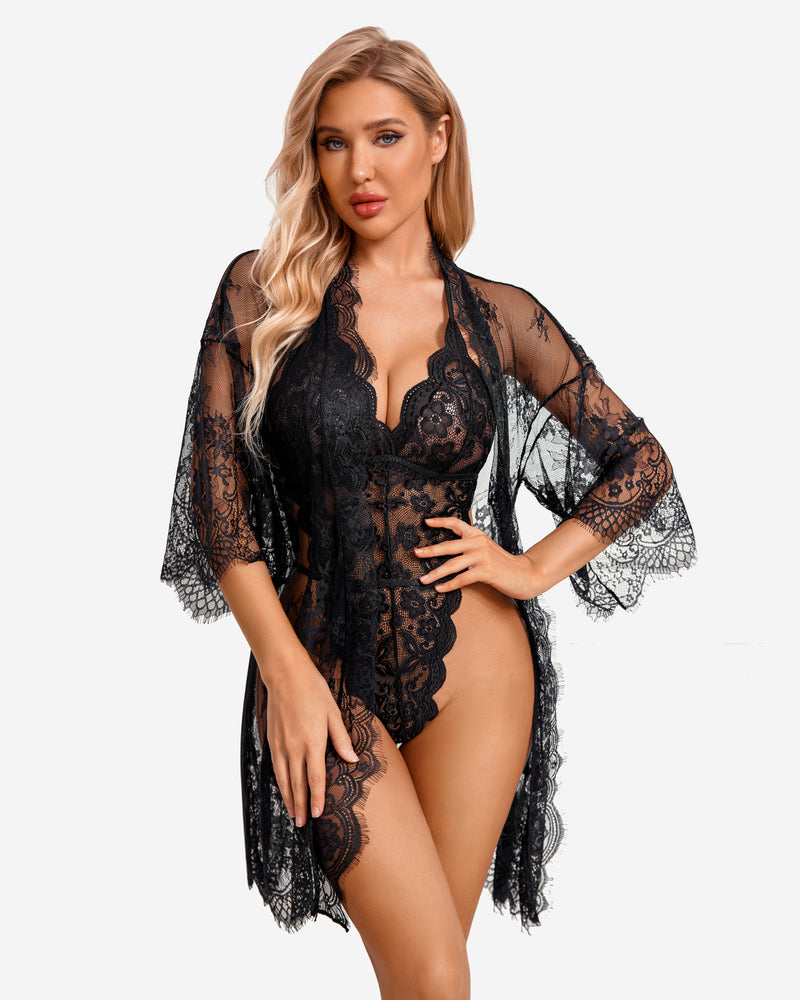 2-piece set: Lace robe with teddy
