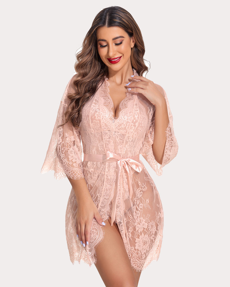 Conjunto de 2 piezas: Bata de encaje con teddy