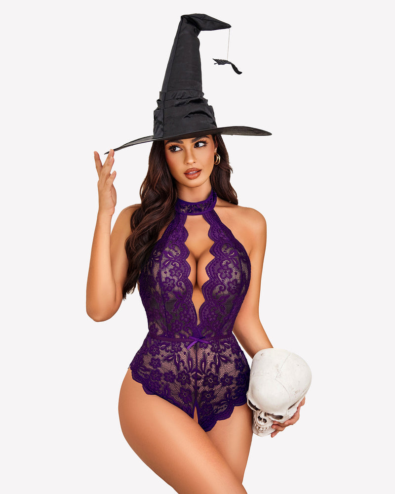 Body de encaje con cuello en V tipo halter