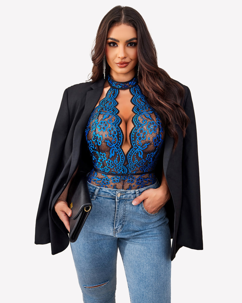 Body de encaje con cuello en V tipo halter