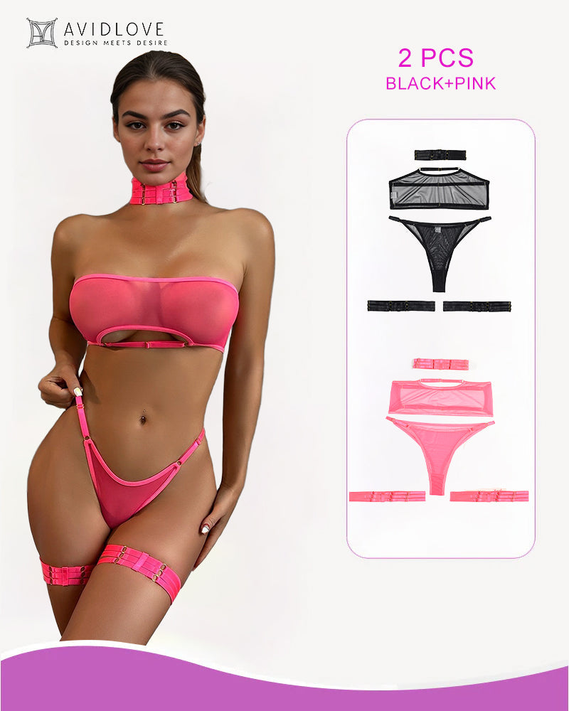 Conjunto de 4 piezas de sujetador y tanga de malla transparente