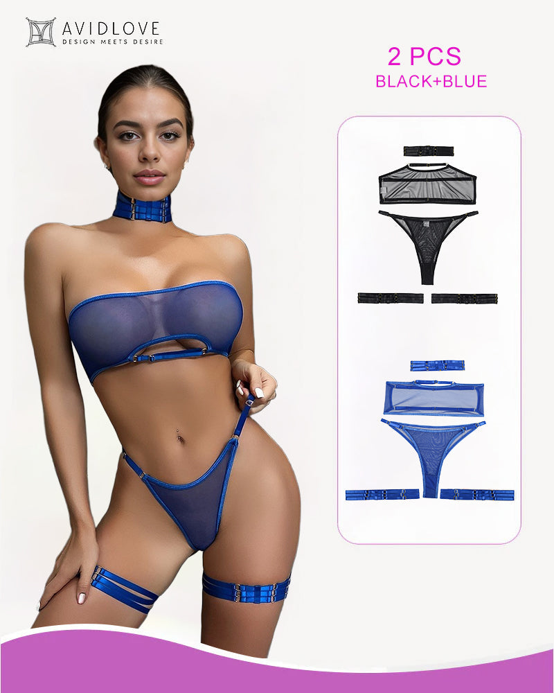 Conjunto de 4 piezas de sujetador y tanga de malla transparente