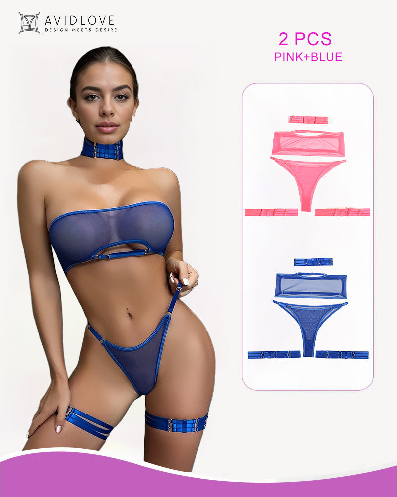 Conjunto de 4 piezas de sujetador y tanga de malla transparente