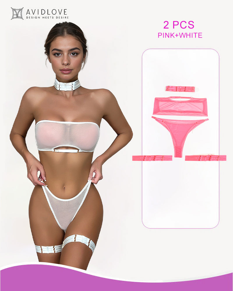 Conjunto de 4 piezas de sujetador y tanga de malla transparente