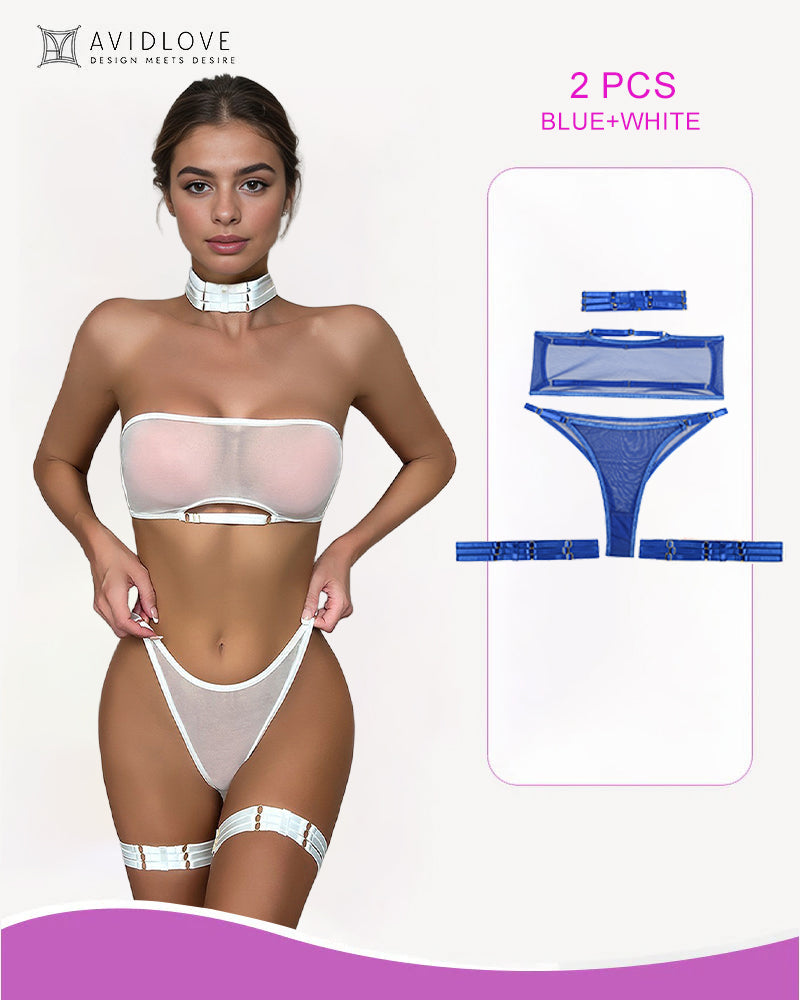 Conjunto de 4 piezas de sujetador y tanga de malla transparente