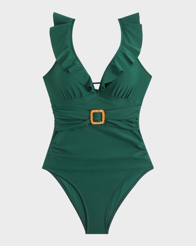 Traje de baño con volantes en las mangas, detalle de cinturón y fruncido en forma de V profunda