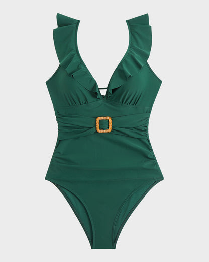 Traje de baño con volantes en las mangas, detalle de cinturón y fruncido en forma de V profunda