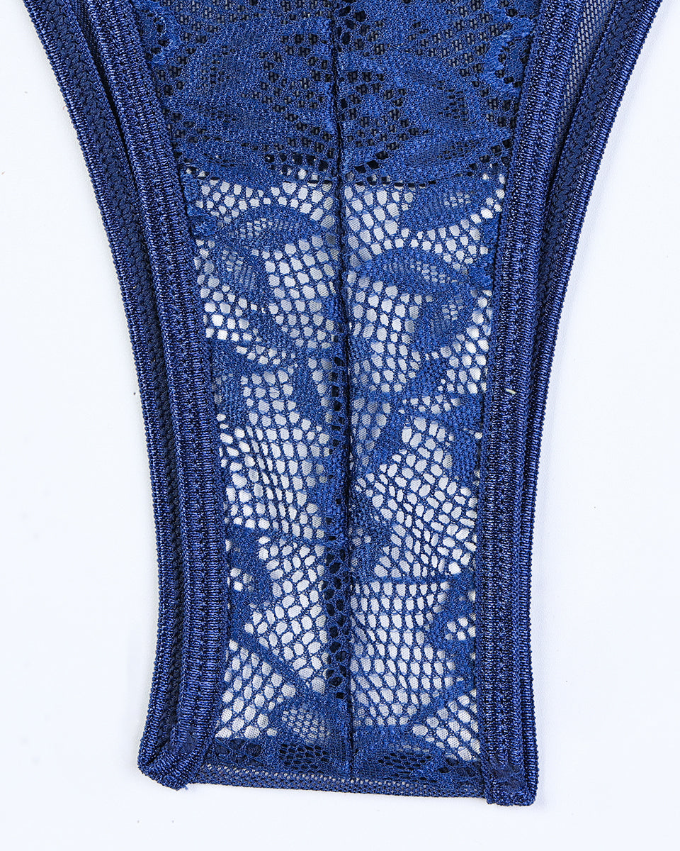 Body de encaje floral transparente con lazos laterales cruzados