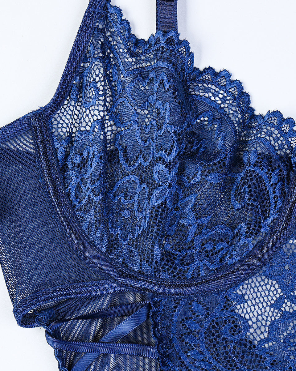 Body de encaje floral transparente con lazos laterales cruzados