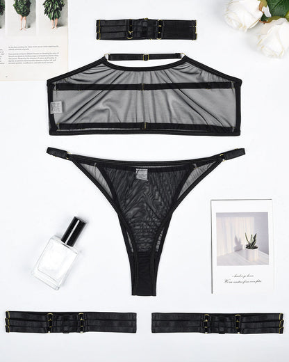Conjunto de 4 piezas de sujetador y tanga de malla transparente
