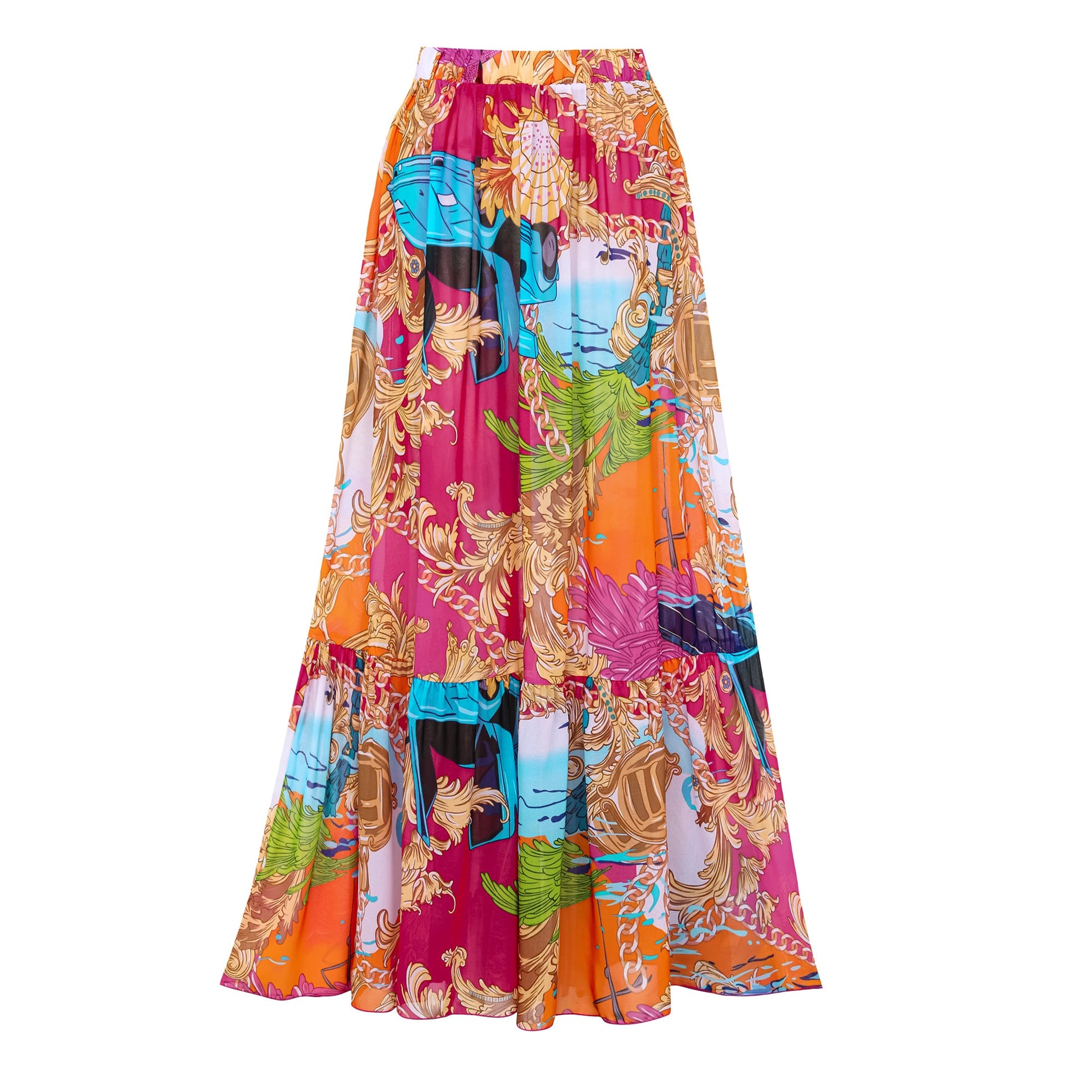 Traje de baño de una pieza con estampado de concha de cuello redondo y pareo o falda