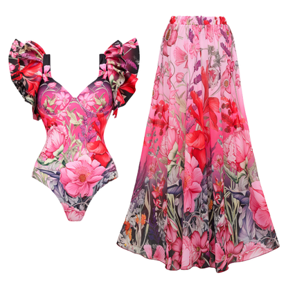 Traje de baño de una pieza con estampado de flores rizadas y pareo