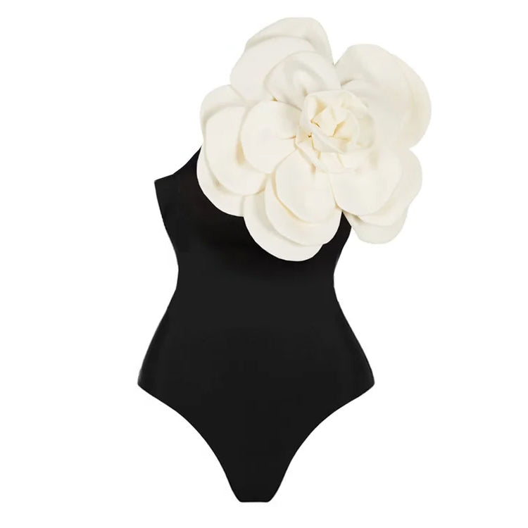 Traje de baño de una pieza con un hombro y falda de flor 3D